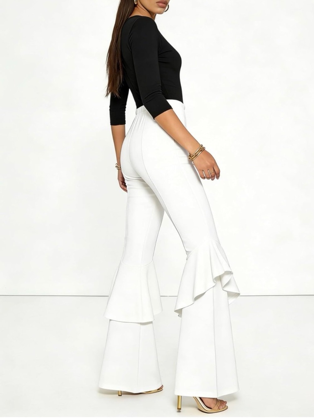 GUOLEZEEV Womens High Waisted Ruffle Flare Fit Pants, White Wide Leg Trousers - Picture 2 of 7